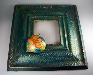 Painted Coconut Shell Pendant on Painted Wood Frame paint craft with texture
